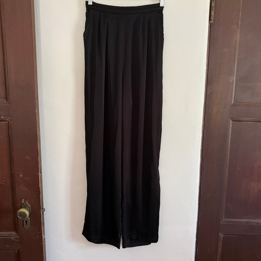 GLE | Black Satin High Waist Wide Leg Trousers Handmade in Bali | Extra Small
